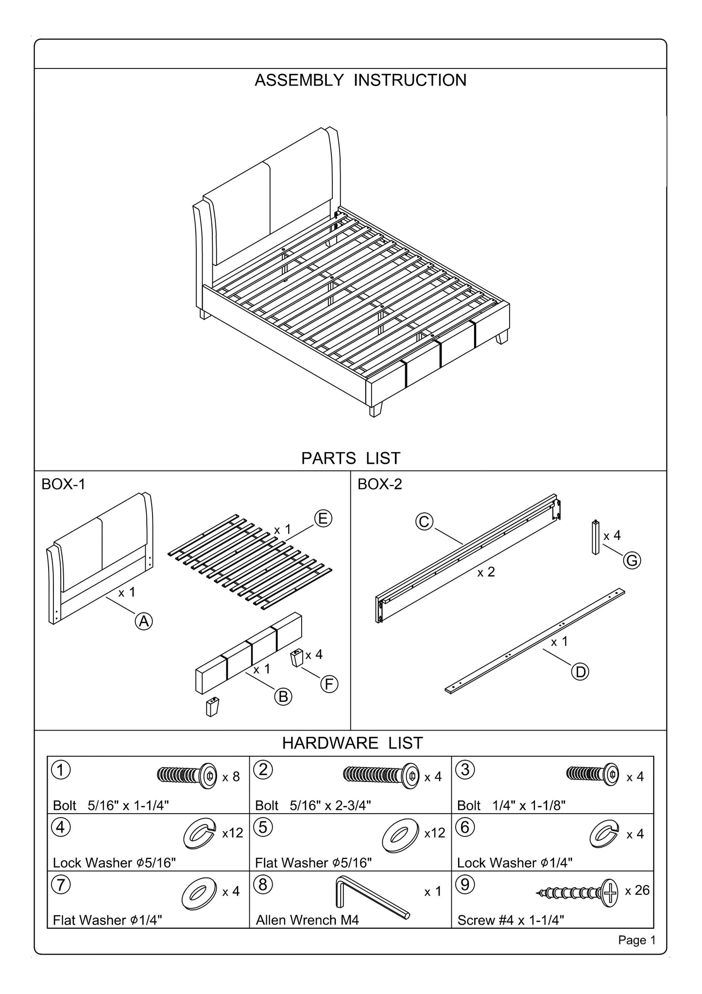 Assembly instructions diagram of a bed frame showing parts and hardware list for building furniture