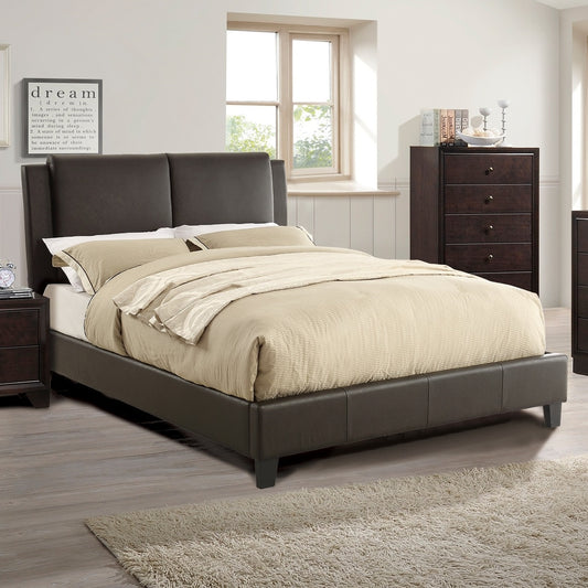 Brown faux leather platform bed with tall segmented headboard and beige bedding