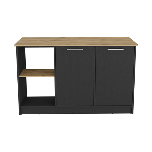 TREATLIFE HOME Kitchen Island with Generous Countertop and Open Shelving, Black/Macadamia Finish, Versatile Storage Solution
