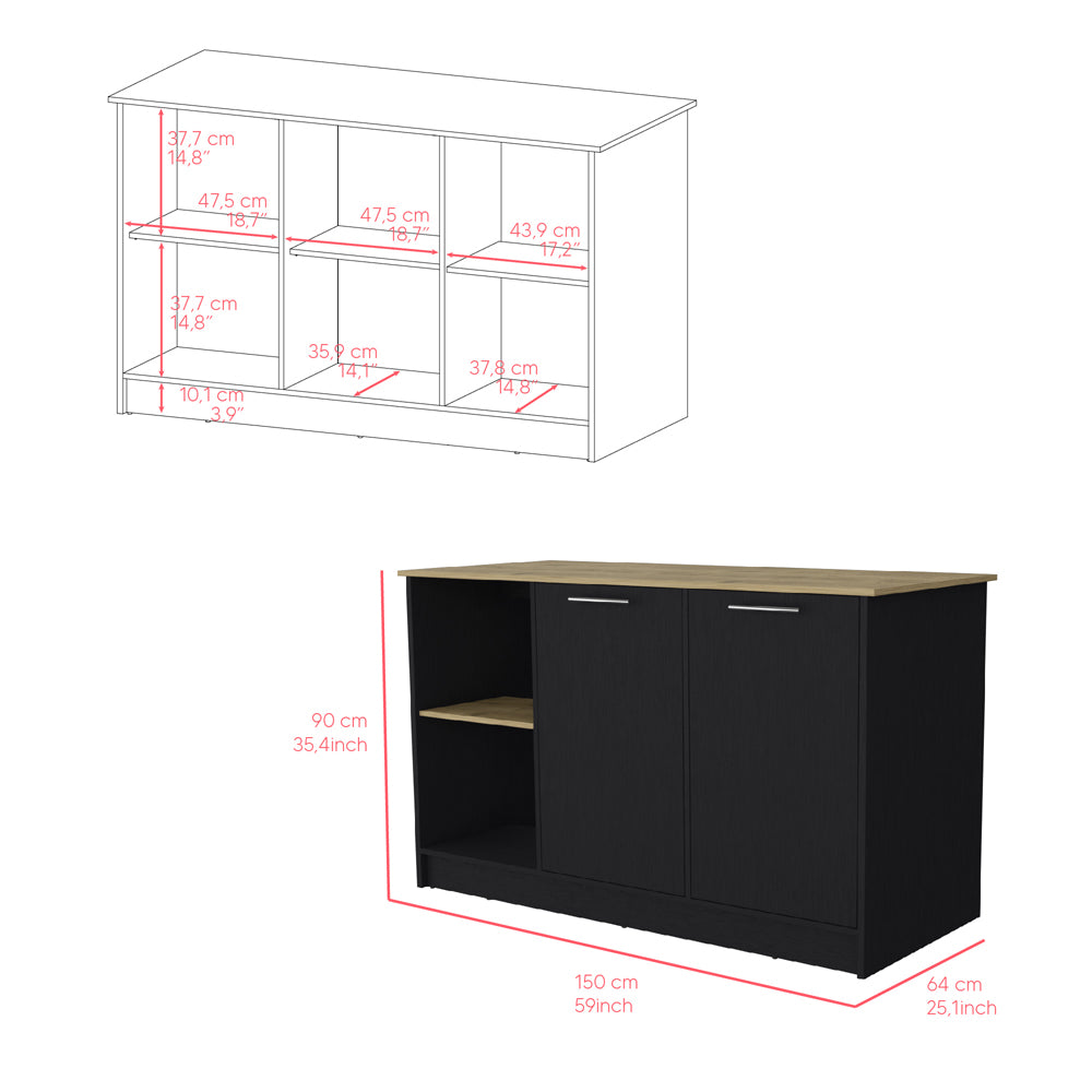 Black cabinet with light wood top and open shelf
