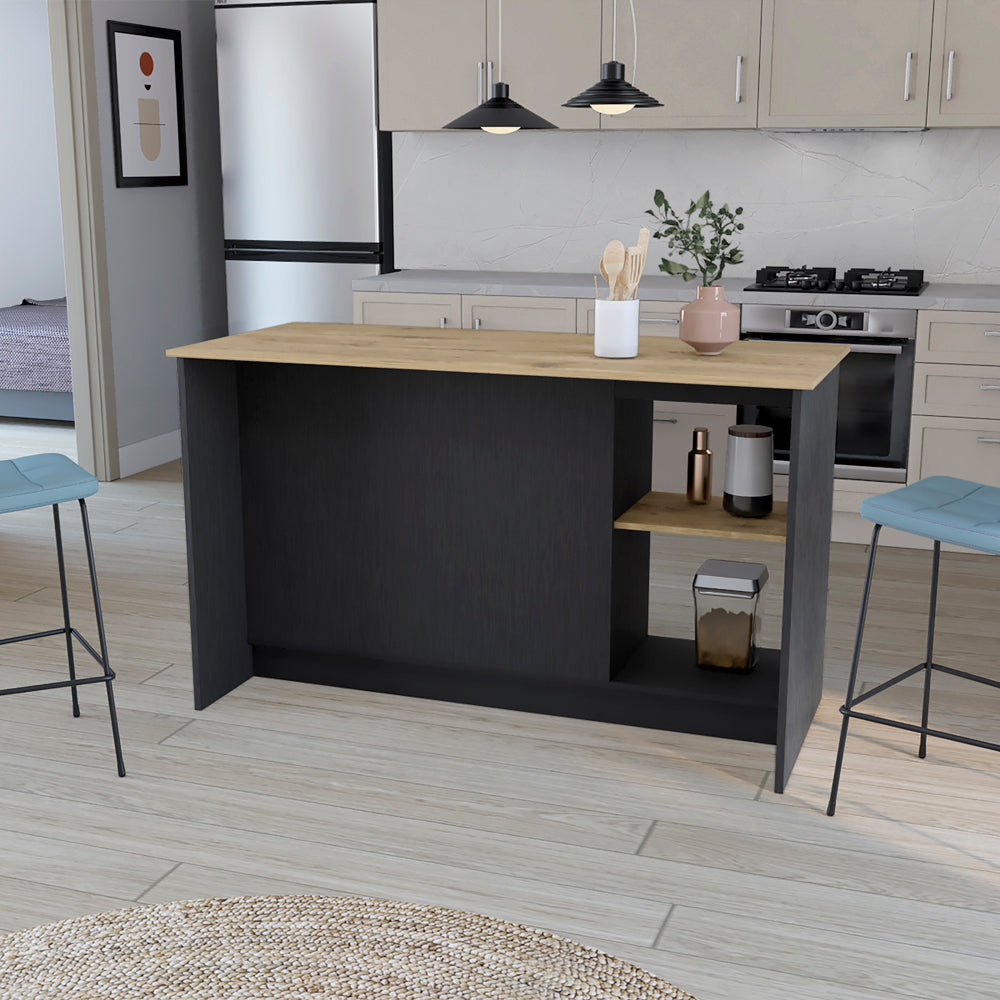 Modern kitchen island with black base and oak countertop
