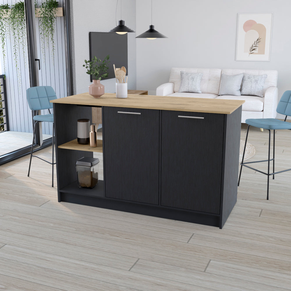 Modern kitchen island with dark gray cabinets and oak countertop