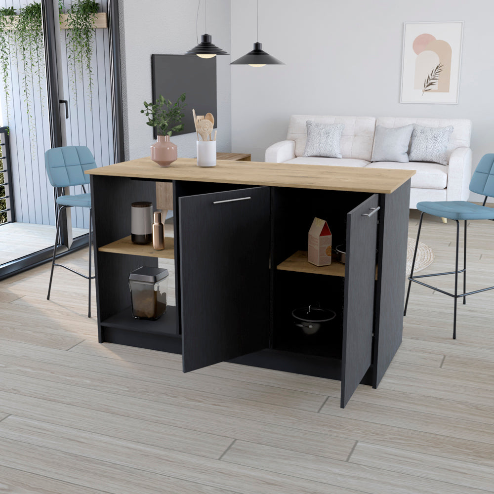 Black kitchen island with wood top and open cabinets