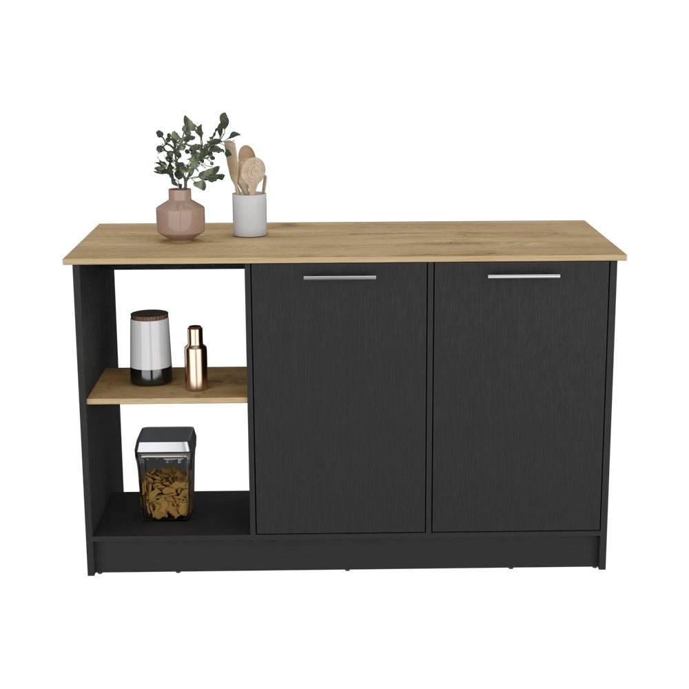 Modern black kitchen island with light oak countertop and open shelving