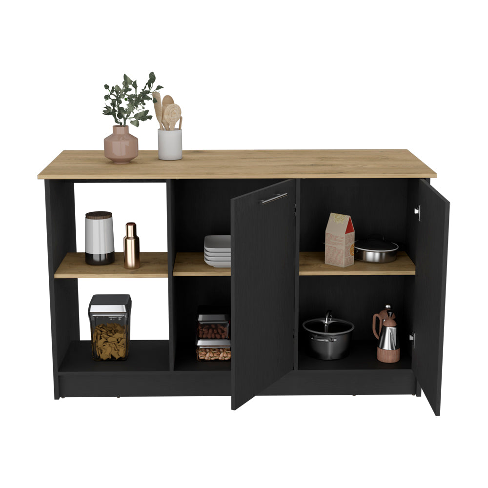Dark gray kitchen cabinet with light oak countertop and shelving