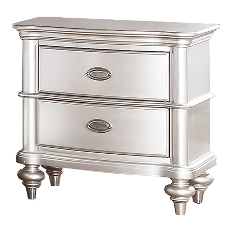 Elegant silver twodrawer nightstand with ornate drawer pulls and carved legs for bedroom decor