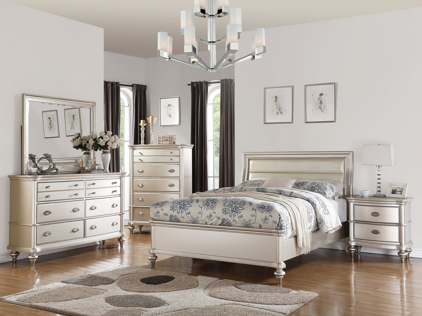 Champagne metallic bedroom set with upholstered headboard and floral bedding
