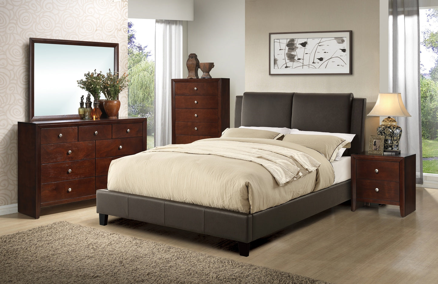 Dark brown faux leather upholstered bed frame with tufted headboard