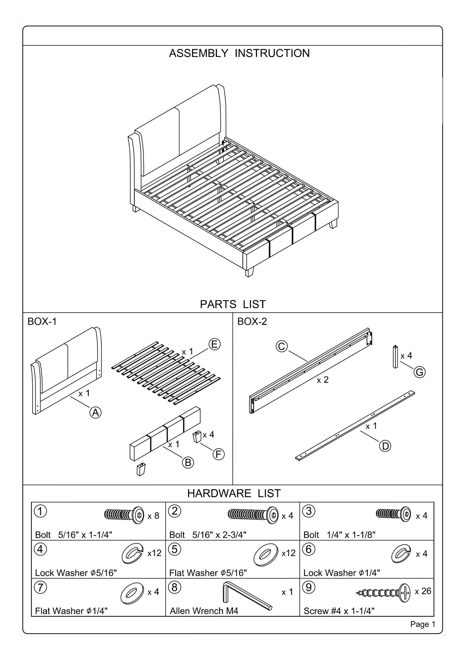Assembly instructions illustration for a bed frame with two boxes parts and hardware list
