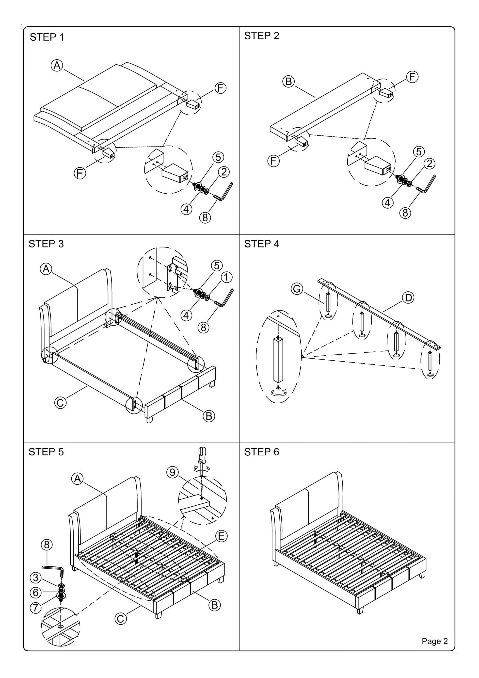 Step  Assemble bed frame components A and F using hardware  and