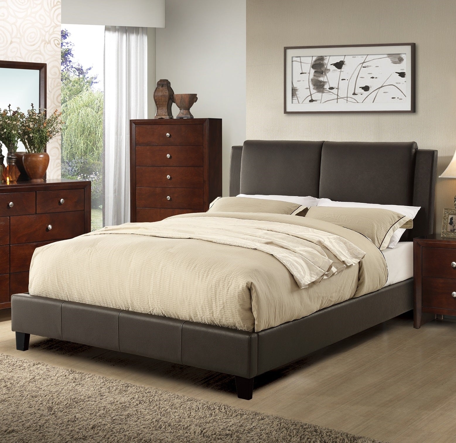 Dark brown upholstered queen platform bed frame with beige bedding and a chest of drawers