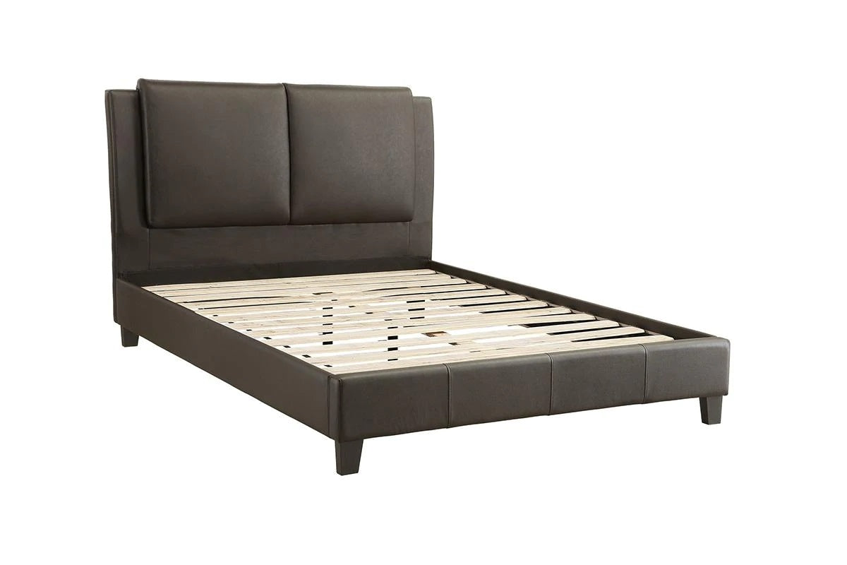 Dark brown faux leather platform bed frame with wood slats and squared headboard