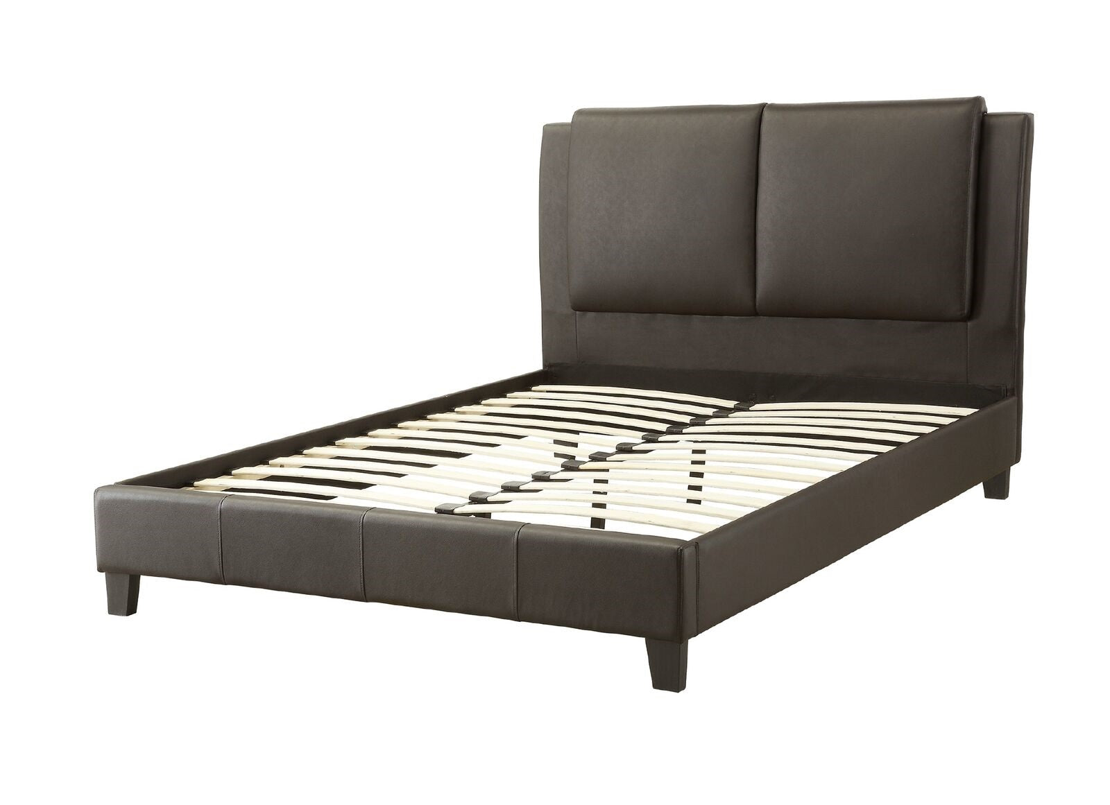 Dark brown faux leather bed frame with a tufted headboard and wooden slats