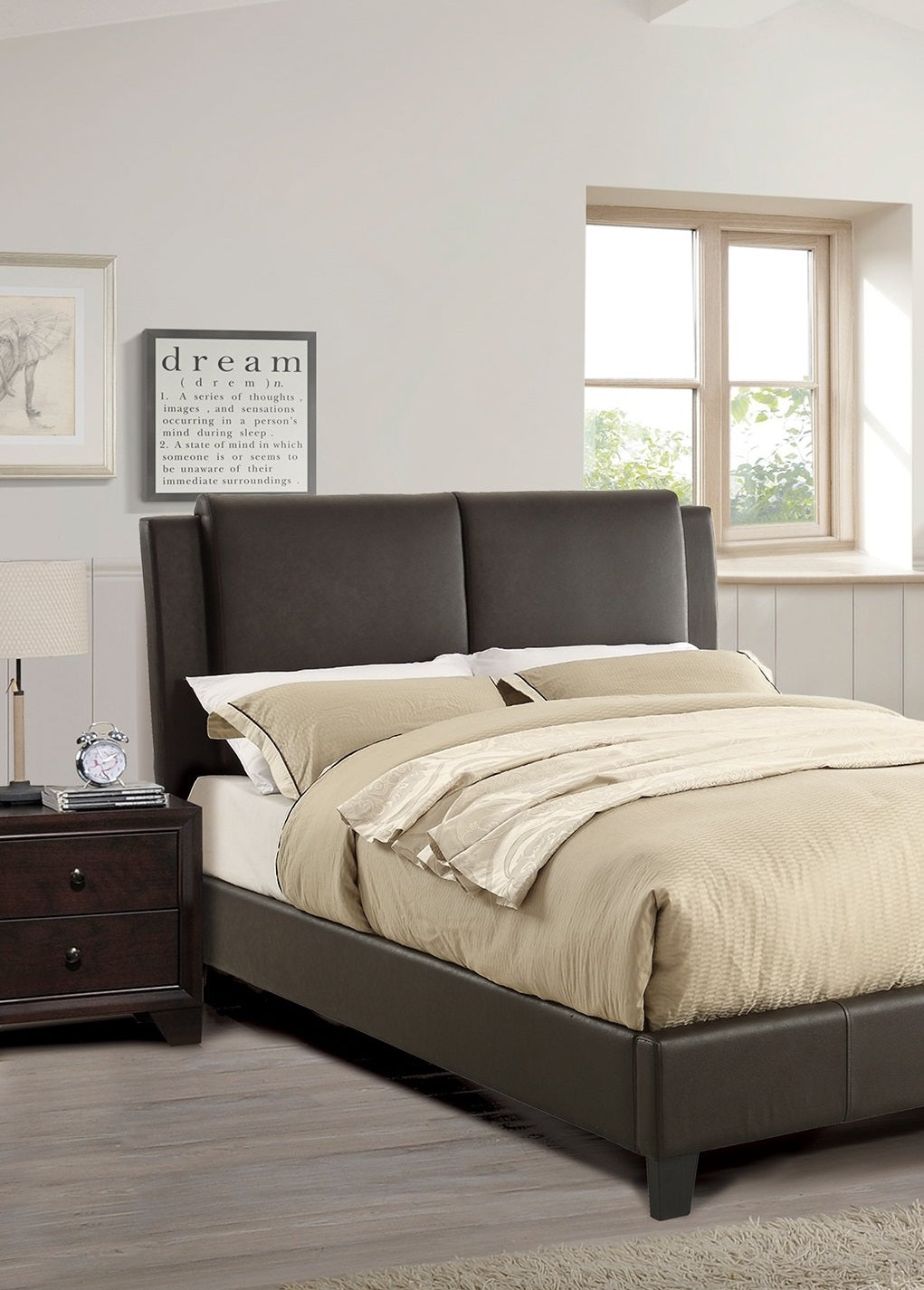 Dark brown faux leather platform bed with tufted headboard and beige bedding
