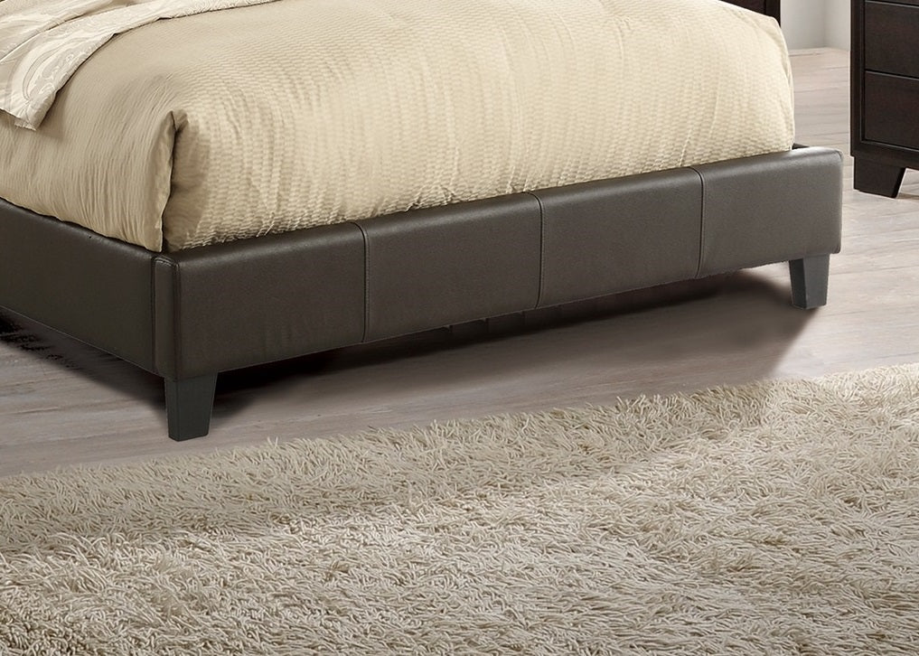Dark brown faux leather platform bed frame with clean stitching detail