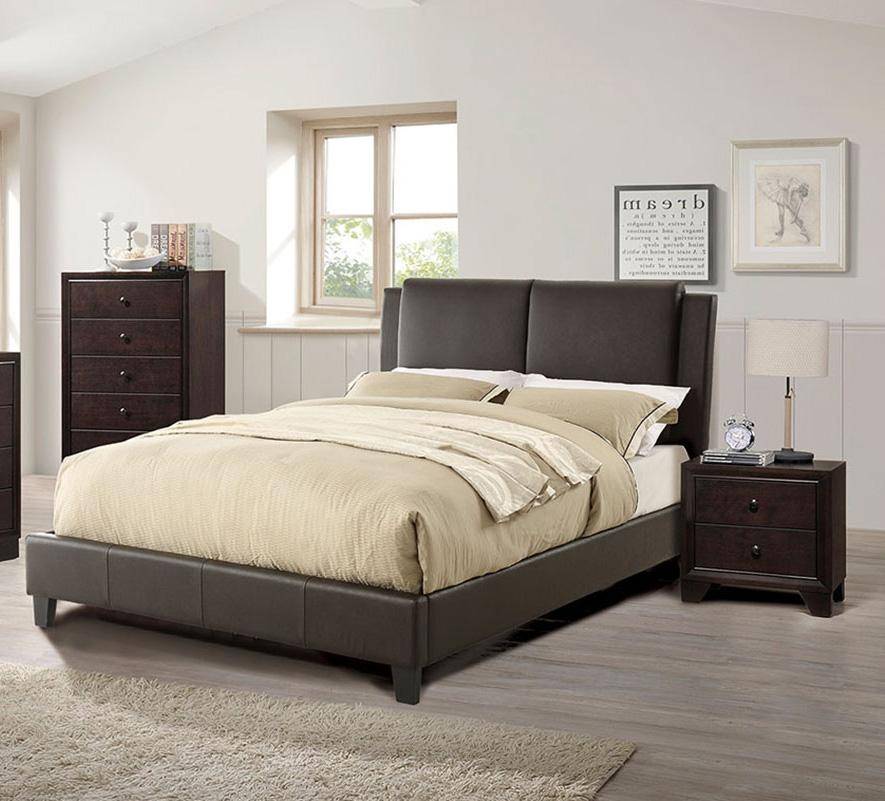 Dark brown faux leather king bed frame with a tall tufted headboard and beige bedding