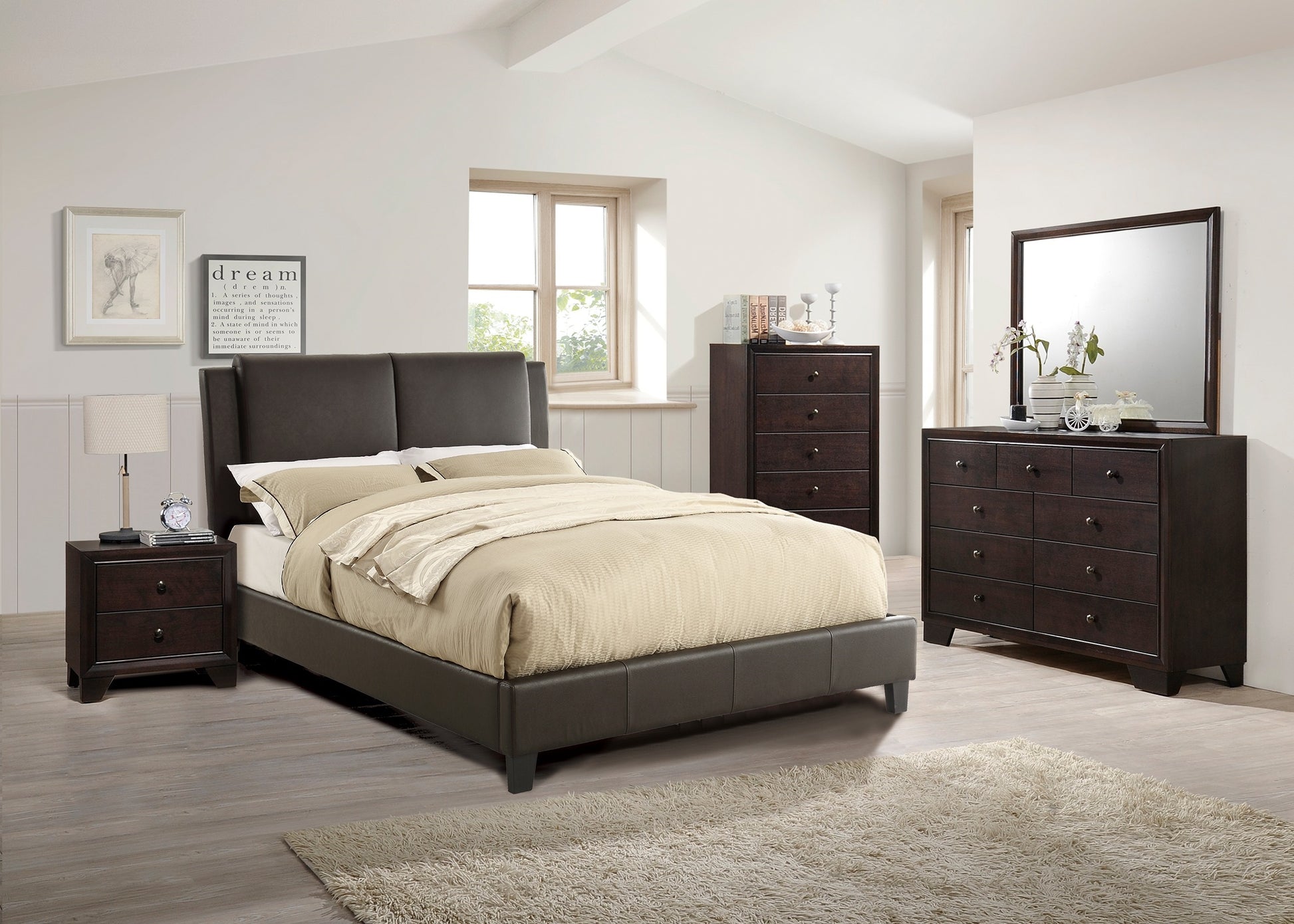 Dark brown leather upholstered bed frame with plush bedding in a modern bedroom setting
