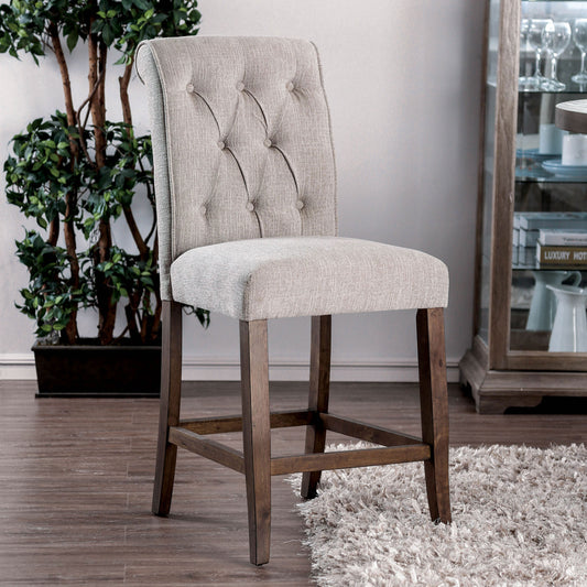 Tufted back linen counter stool with wooden legs