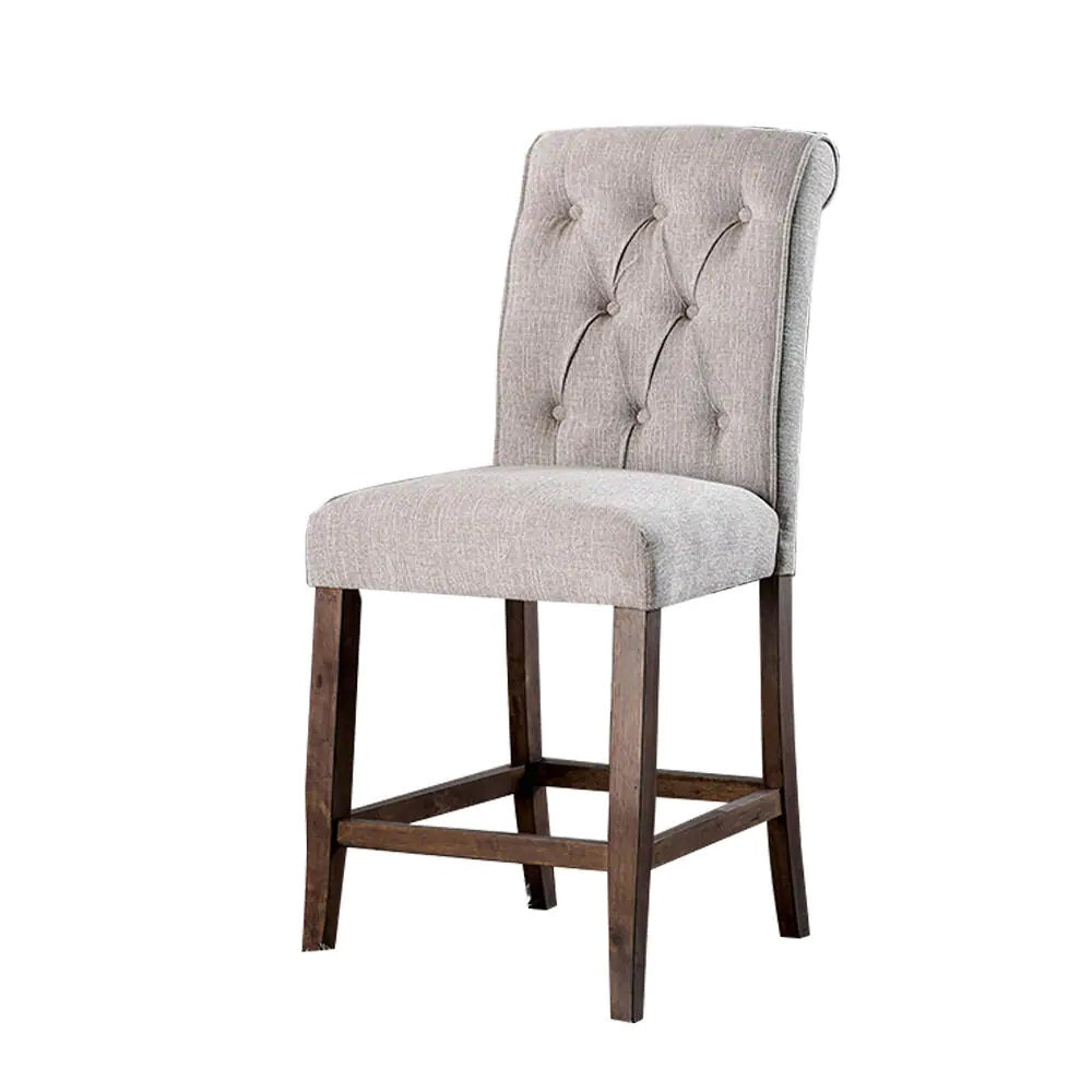 Tufted grey fabric counter stool with dark wood legs ideal for kitchen islands