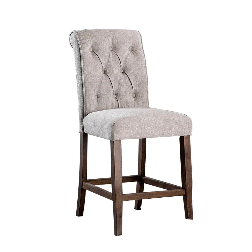Tufted grey fabric counter stool with dark wood legs ideal for kitchen islands