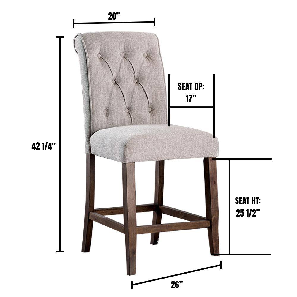 Tufted back beige fabric counter stool with wooden legs  inch seat height