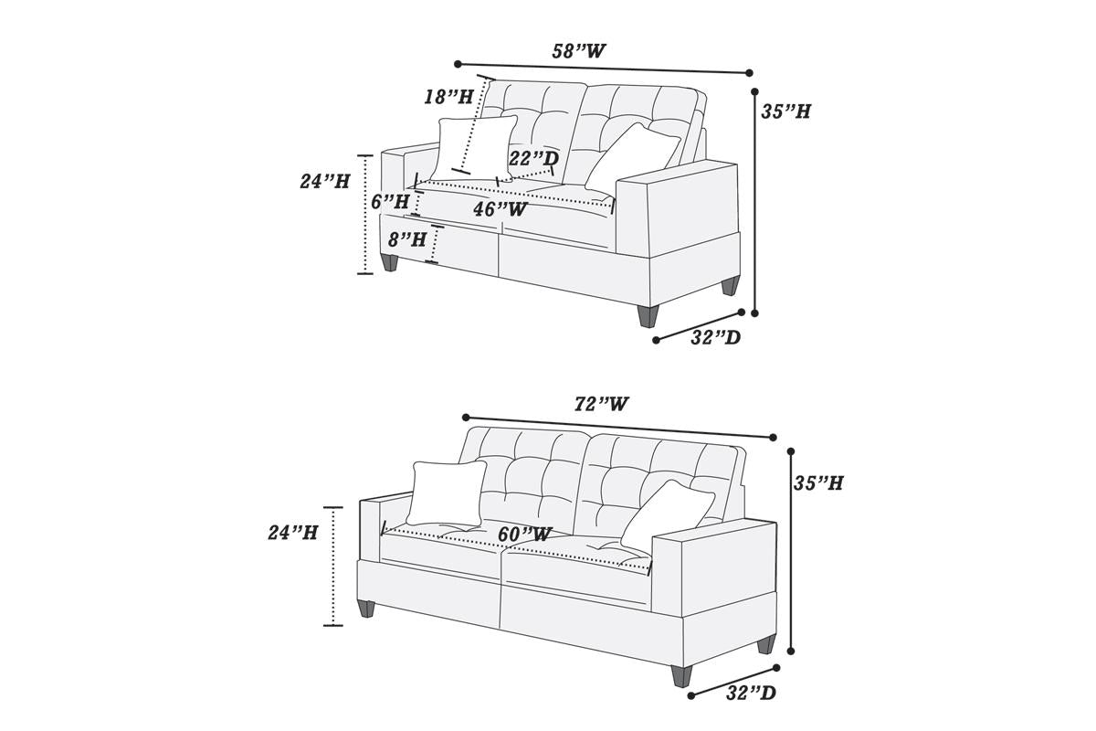 Diagram showing a tufted sofa with dimensions W x H x D