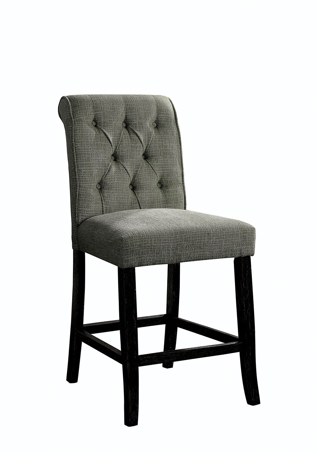 Gray upholstered counter stool with diamond tufting and dark wood legs