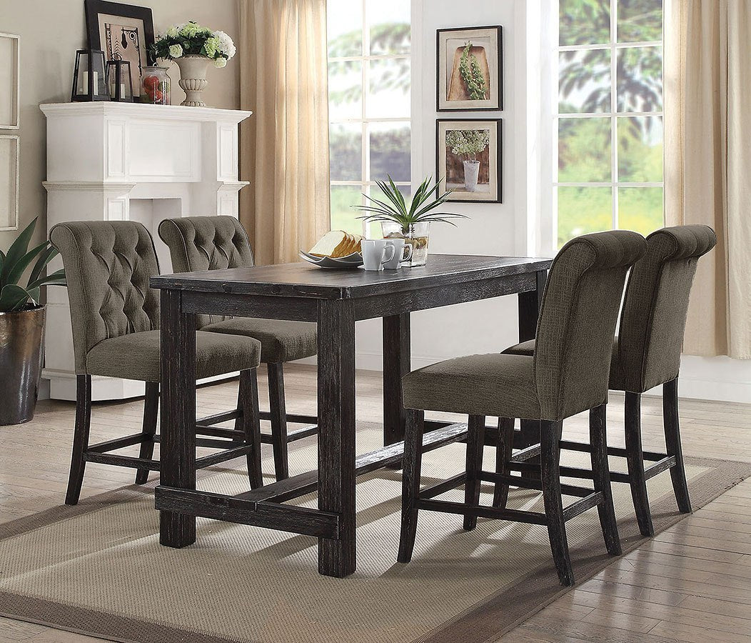 Tufted grey fabric bar stool with dark wood frame part of a dining set