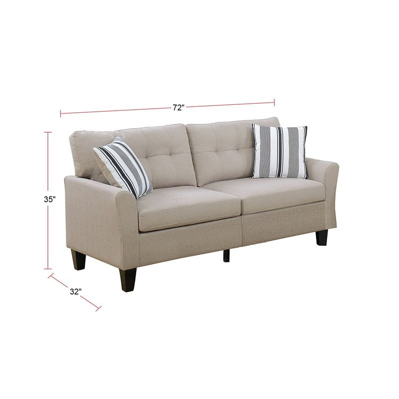 Beige fabric sofa with tufted back cushions and two striped accent pillows  inches wide