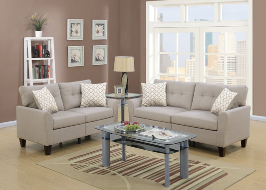 Beige fabric loveseat with patterned throw pillows for a cozy living room accent