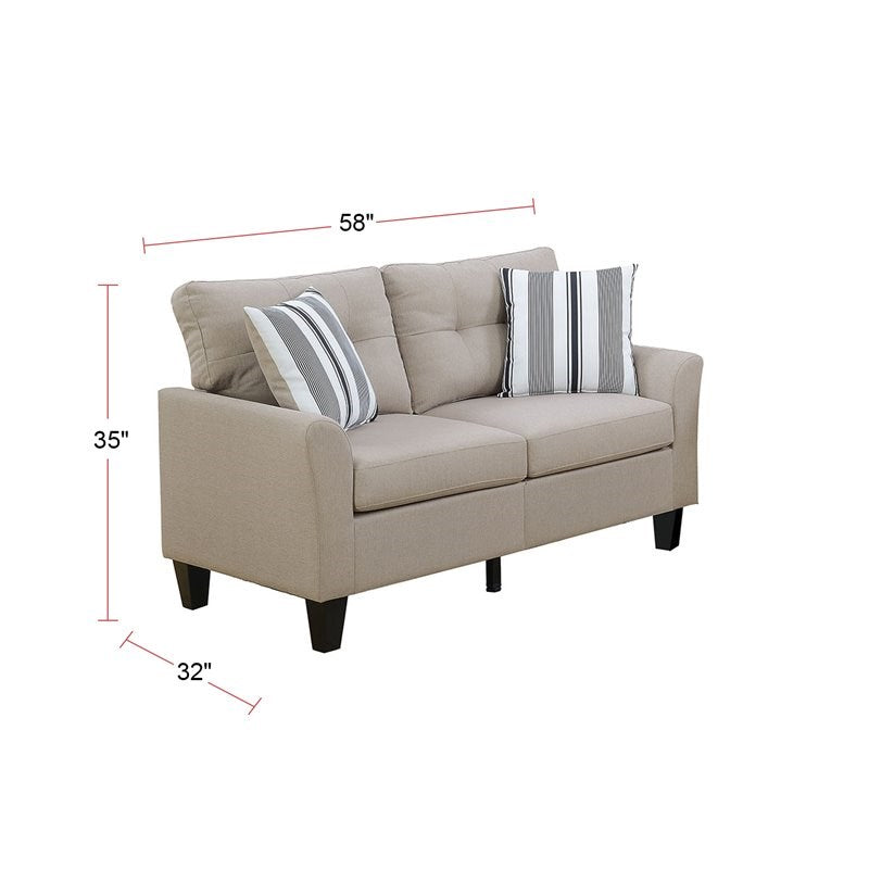 Taupe loveseat with tufted back and striped accent pillows  inches wide