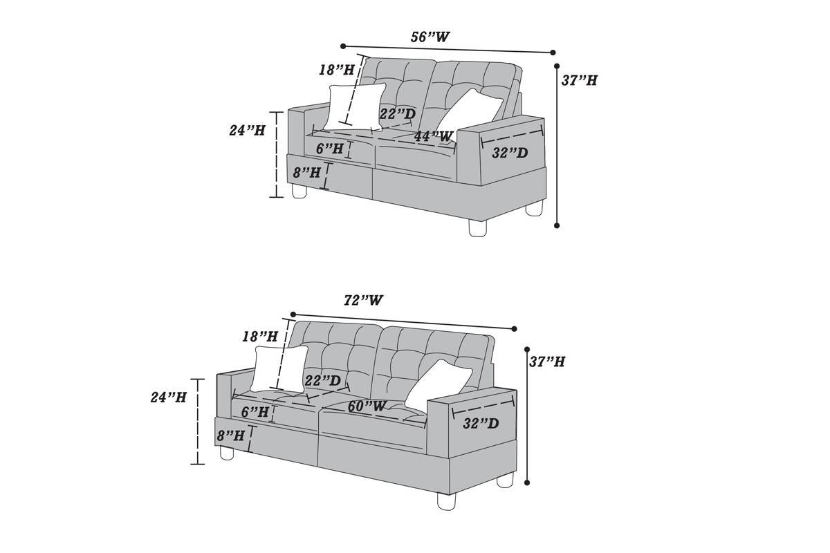 Diagram showing dimensions of a inch wide gray upholstered sofa