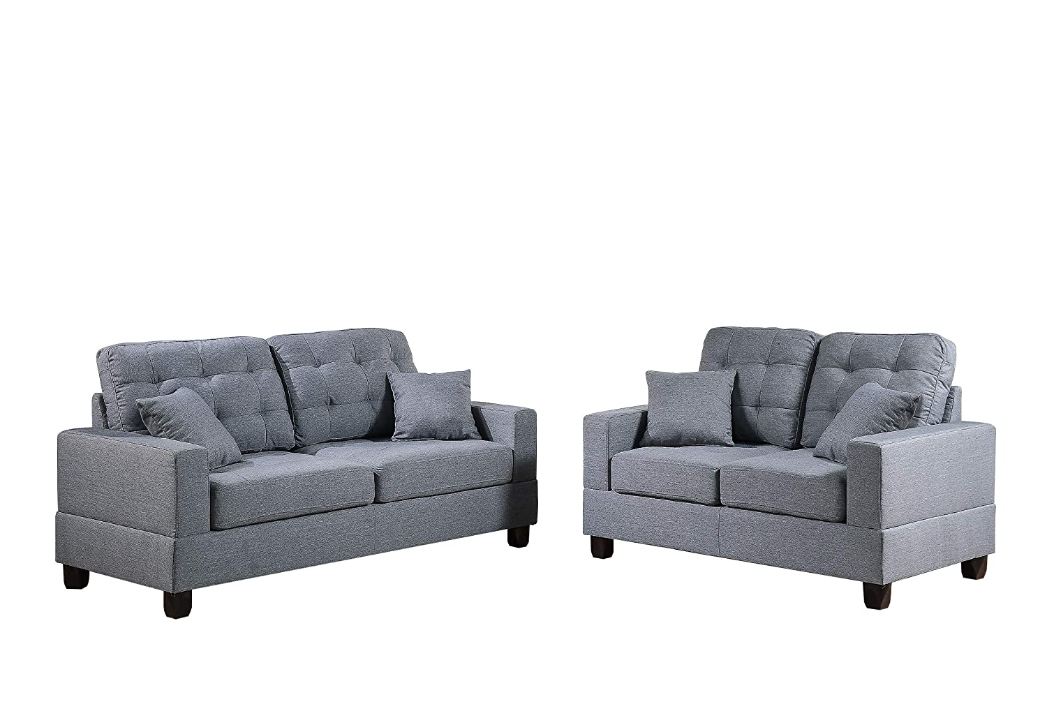 Modern grey fabric sofa set with tufted back cushions and square arms