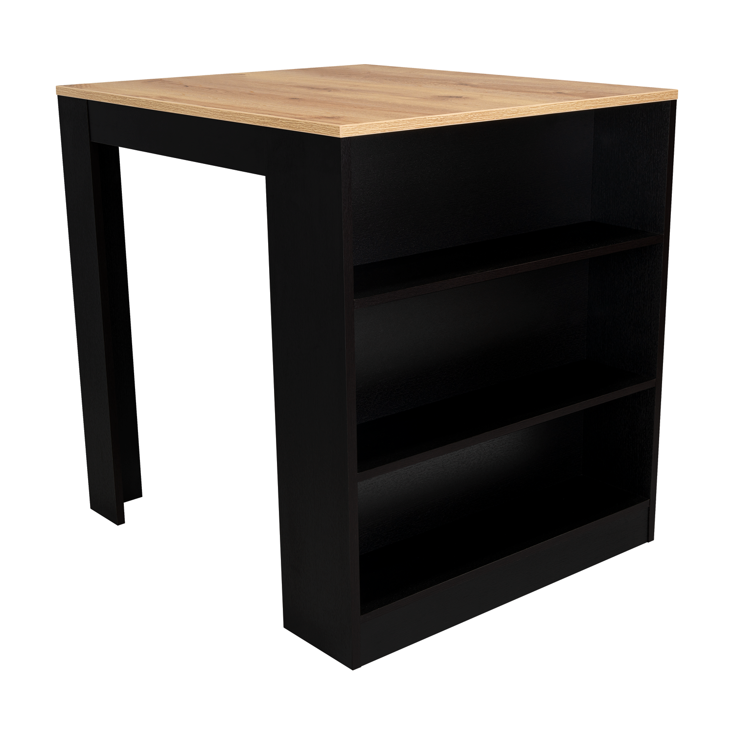 Black bar table with oakeffect top and three shelves