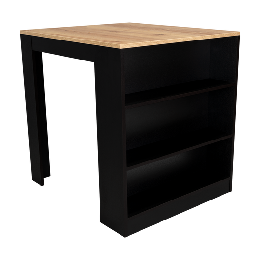 Black bar table with oakeffect top and three shelves