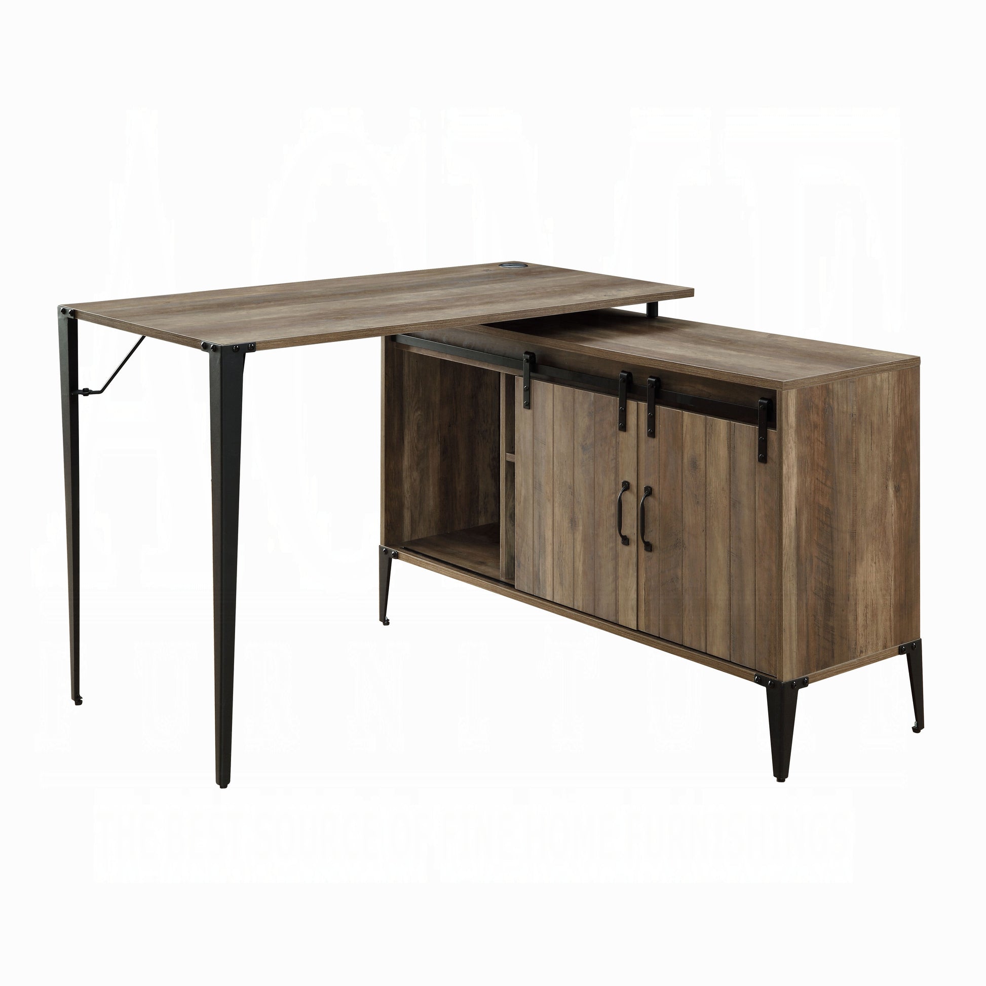 Rustic wood Lshaped desk with sliding barn doors and black metal legs