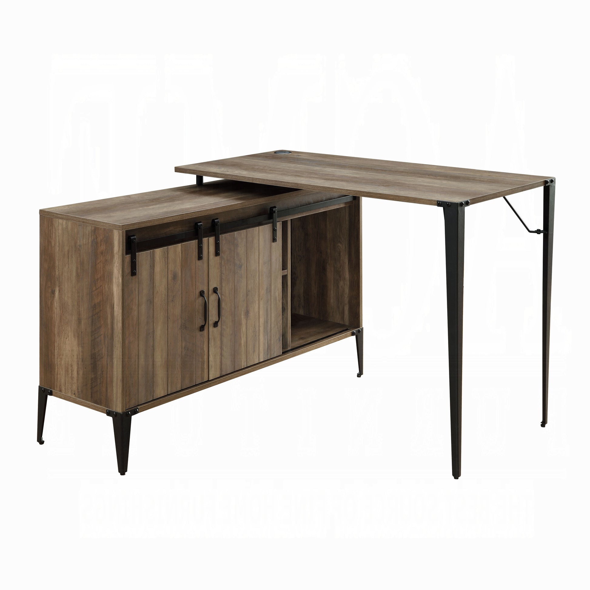 Rustic wood Lshaped desk with sliding barn doors and black metal legs