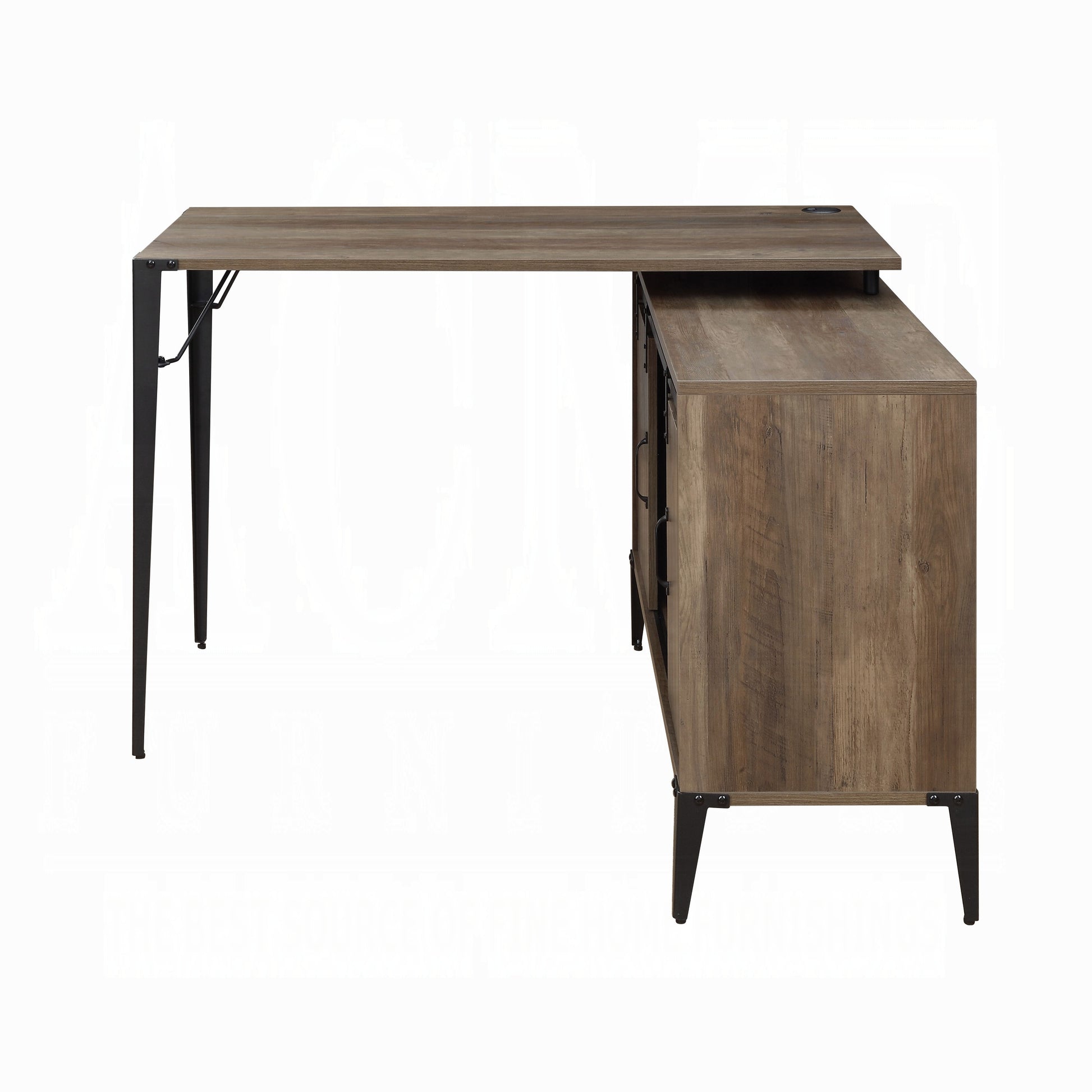Rustic wood Lshaped desk with black metal legs and drawers