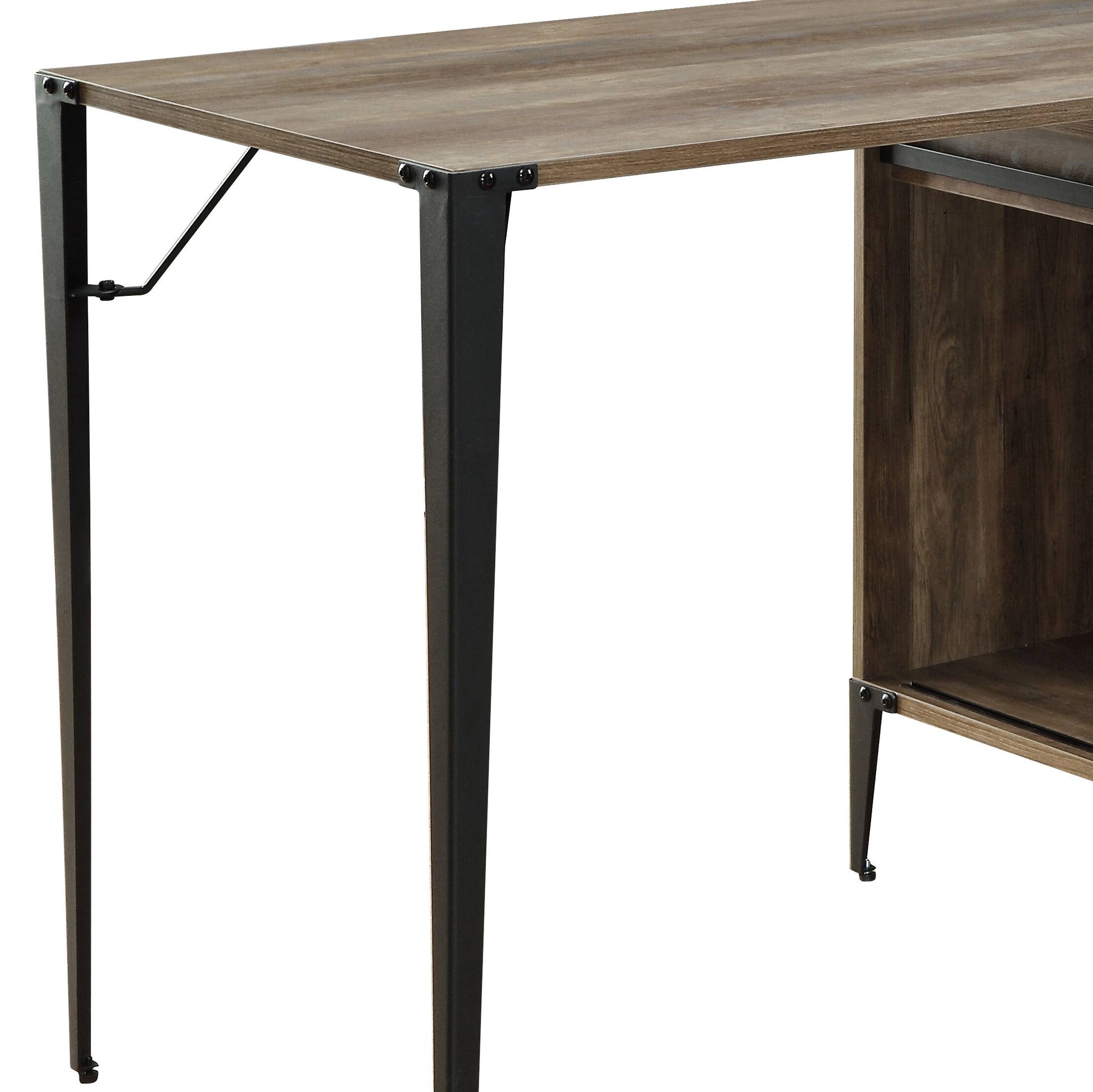 Rustic oak wood desk with black metal legs and storage shelf modern industrial design