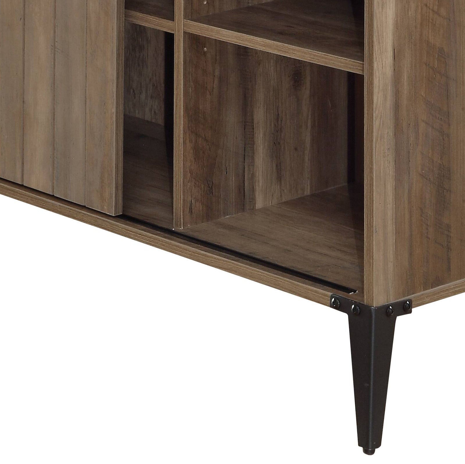 Rustic brown wood media console with sliding barn door and open shelving