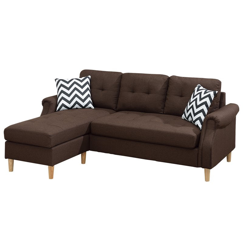 Brown fabric sectional sofa with two chevron throw pillows