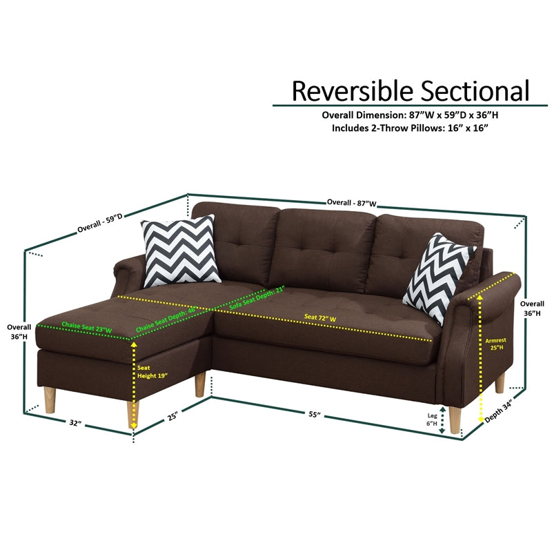 Brown fabric reversible sectional sofa with tufted cushions and chevron pillows