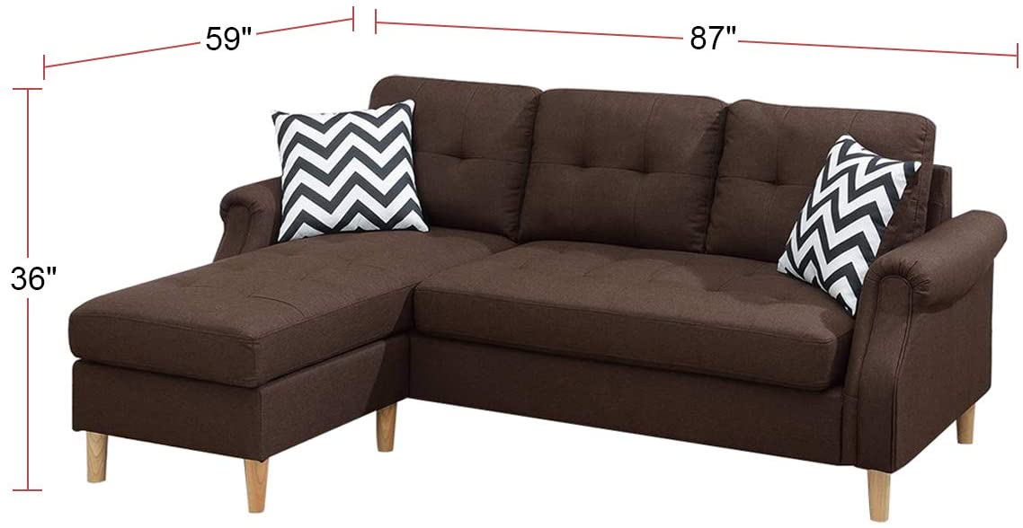 Brown fabric sectional sofa with tufted back and chaise lounge