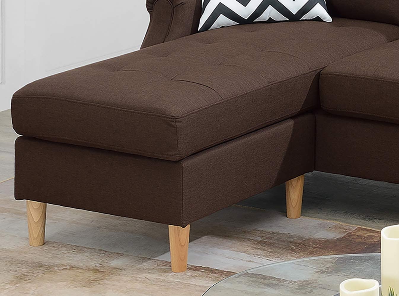 Dark brown upholstered sectional sofa chaise lounge with wooden legs