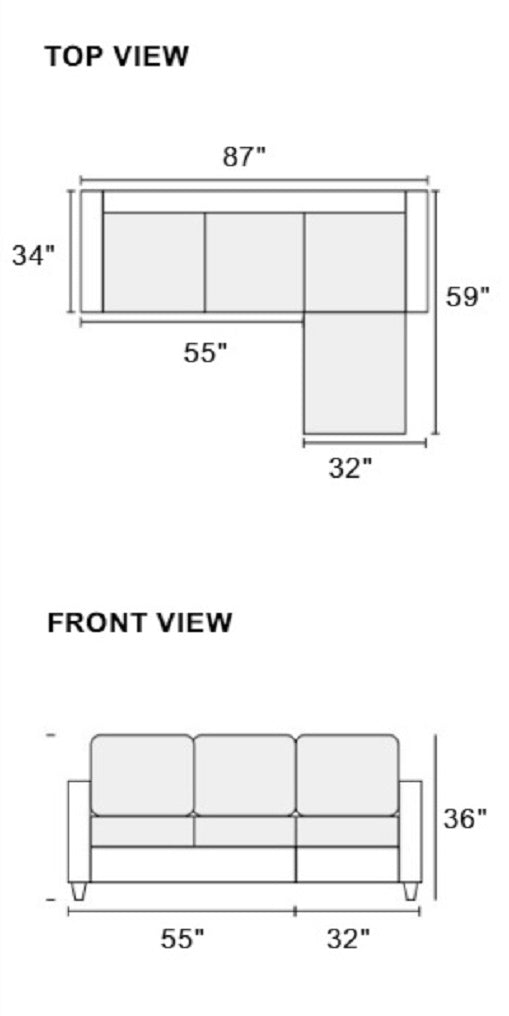 Top and front view diagrams of a grey sectional sofa  x  with dimensions clearly marked for modular furniture planning