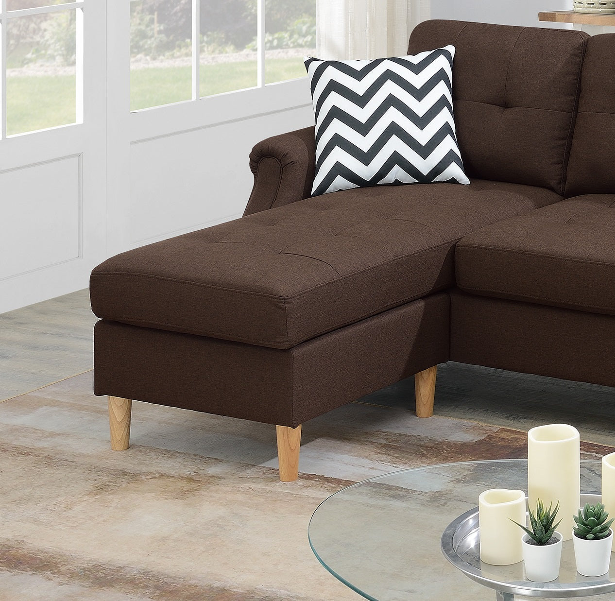 Brown fabric sectional sofa chaise lounge with button tufting and wooden legs