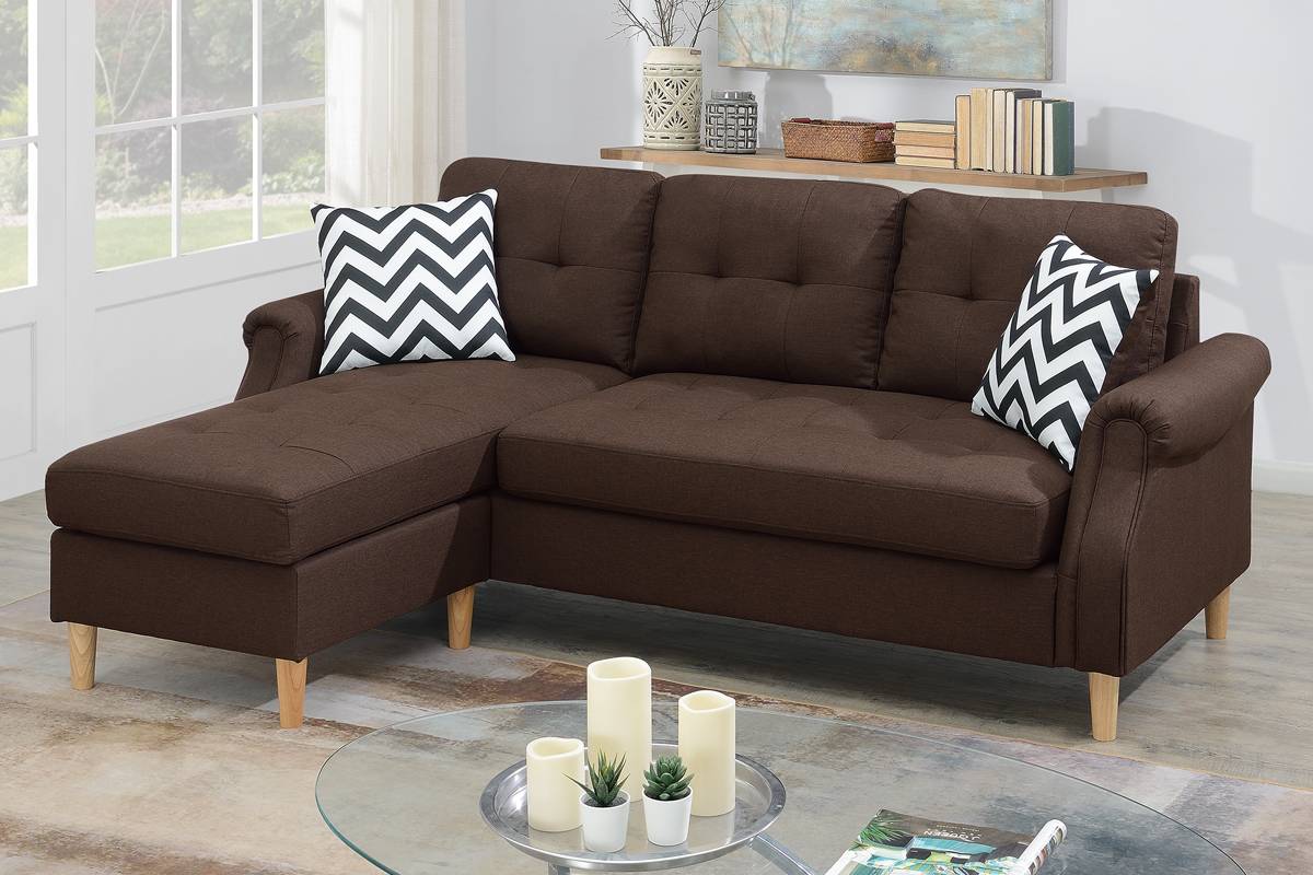 Brown linen sectional sofa with tufted cushions and modern wooden legs