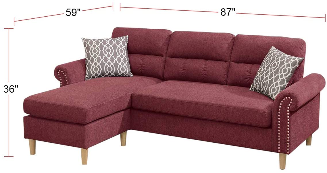 Burgundy fabric sectional sofa with tufted back and decorative nailhead trim accent