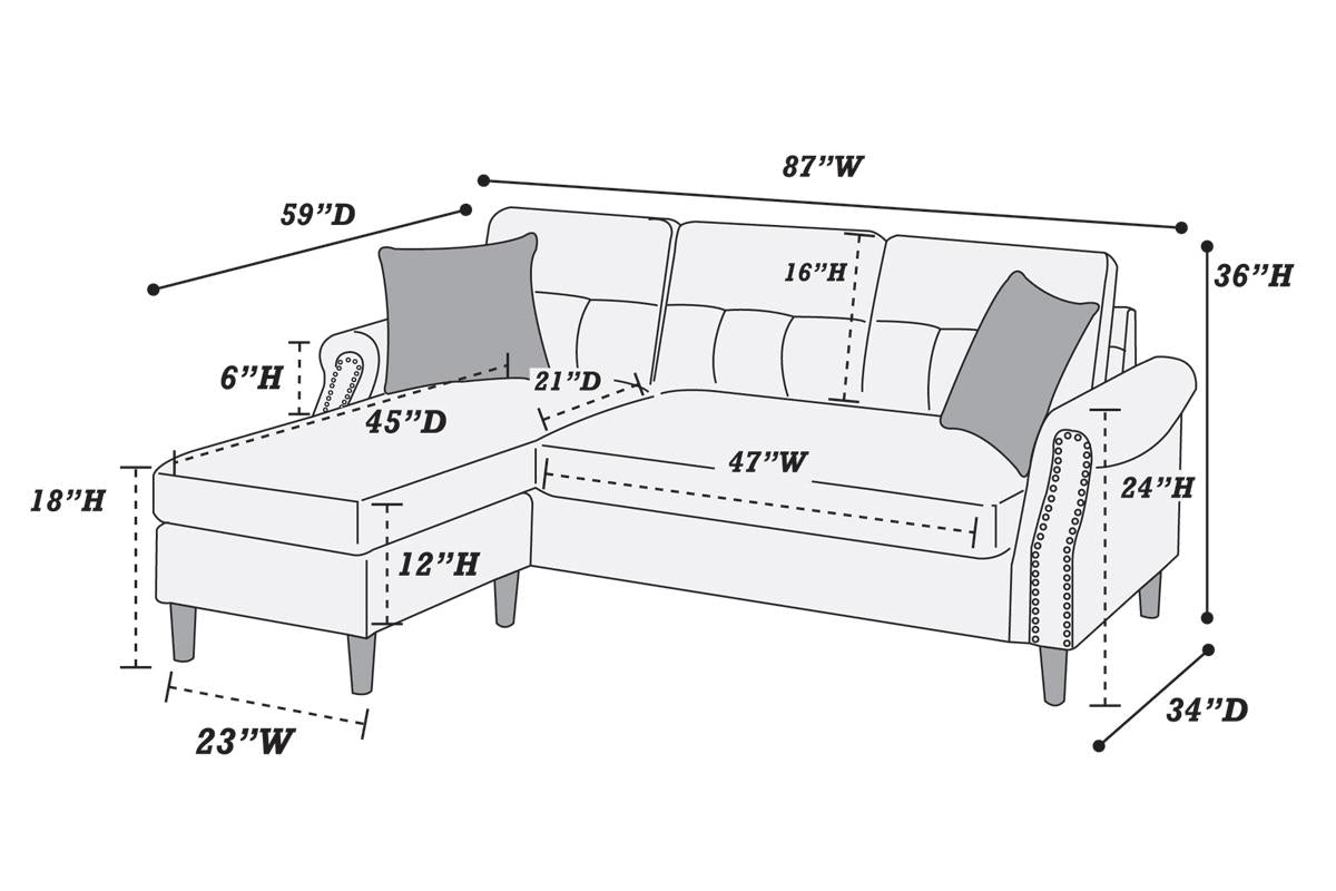 Diagram of a grey sectional sofa with dimensions for easy visualization and planning