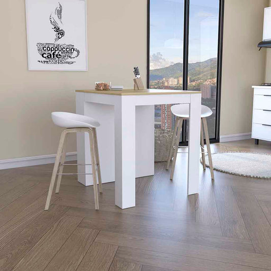 White modern breakfast bar table with light wood top and two white stools